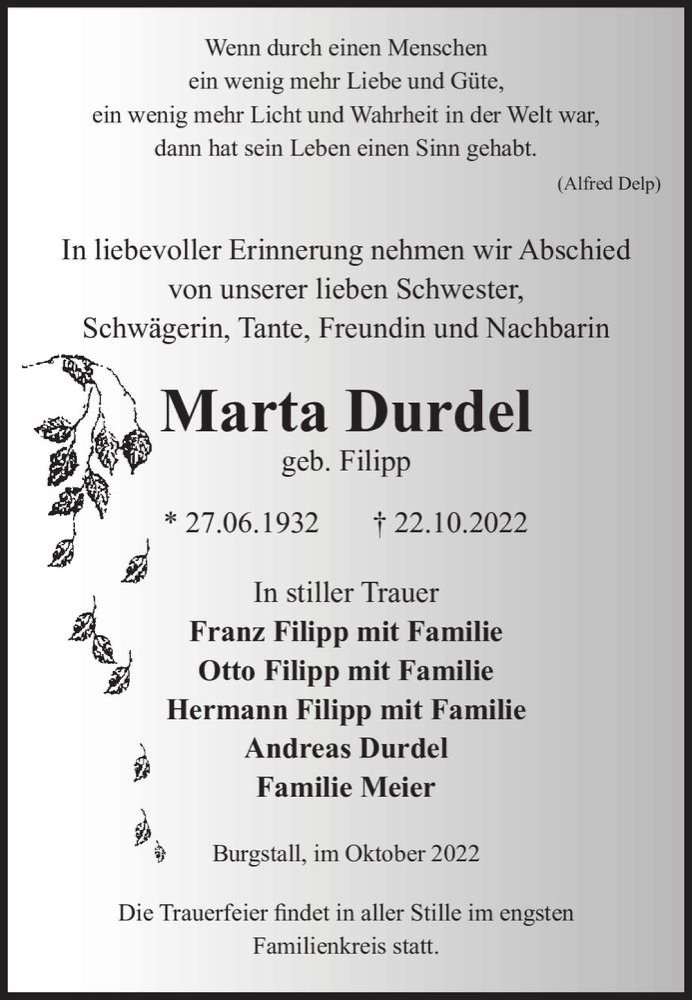  Traueranzeige für Marta Durdel (geb. Filipp)  vom 29.10.2022 aus Magdeburger Volksstimme