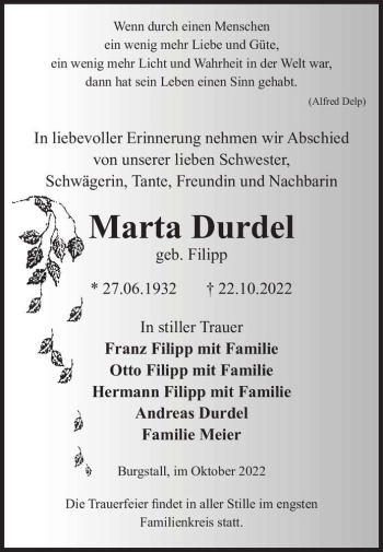 Traueranzeige von Marta Durdel (geb. Filipp)  von Magdeburger Volksstimme