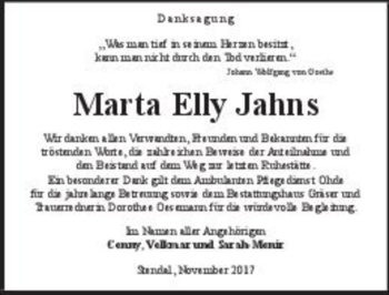 Traueranzeige von Marta Elly Jahns  von Magdeburger Volksstimme