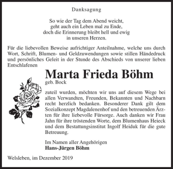 Traueranzeige von Marta Frieda Böhm (geb. Bock)  von Magdeburger Volksstimme