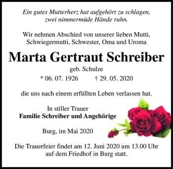 Traueranzeige von Marta Gertraut Schreiber (geb. Schulze)  von Magdeburger Volksstimme