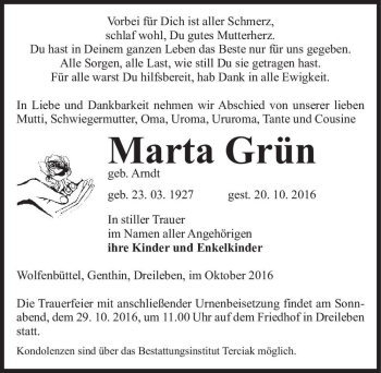 Traueranzeige von Marta Grün (geb. Arndt)  von Magdeburger Volksstimme
