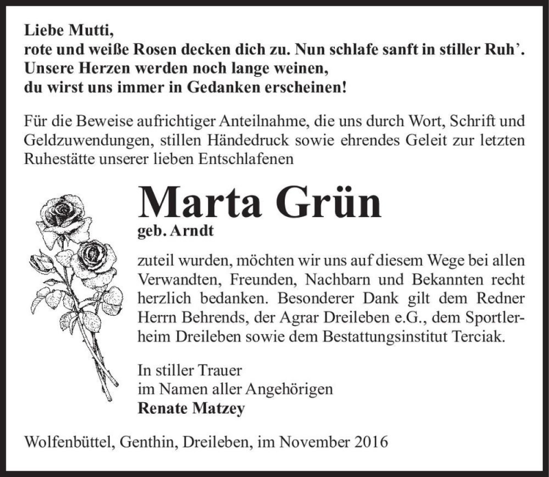  Traueranzeige für Marta Grün (geb. Arndt)  vom 05.11.2016 aus Magdeburger Volksstimme