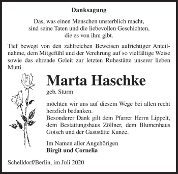Traueranzeige von Marta Haschke (geb. Sturm)  von Magdeburger Volksstimme