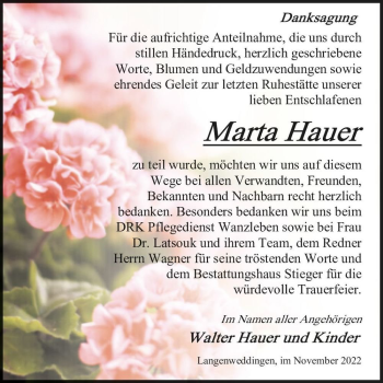 Traueranzeige von Marta Hauer  von Magdeburger Volksstimme