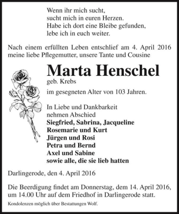 Traueranzeige von Marta Henschel (geb. Krebs)  von Magdeburger Volksstimme