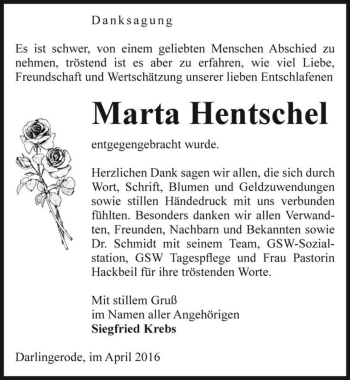 Traueranzeige von Marta Hentschel  von Magdeburger Volksstimme