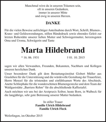 Traueranzeige von Marta Hildebrand  von Magdeburger Volksstimme