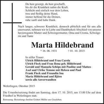 Traueranzeige von Marta Hildebrand  von Magdeburger Volksstimme