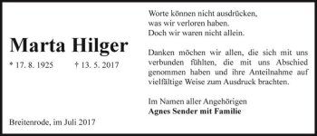 Traueranzeige von Marta Hilger  von Magdeburger Volksstimme