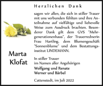Traueranzeige von Marta Klofat  von Magdeburger Volksstimme