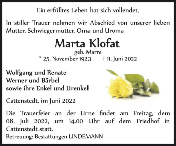 Traueranzeige von Marta Klofat (geb. Marre)  von Magdeburger Volksstimme