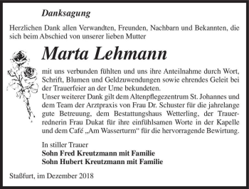 Traueranzeige von Marta Lehmann  von Magdeburger Volksstimme