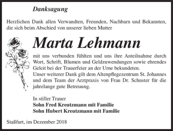 Traueranzeige von Marta Lehmann  von Magdeburger Volksstimme