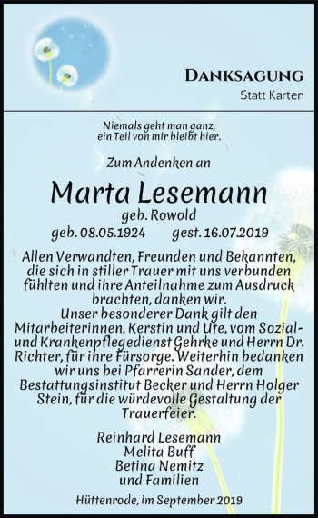 Traueranzeige von Marta Lesemann (geb. Rowold)  von Magdeburger Volksstimme
