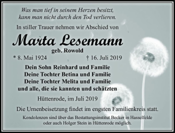 Traueranzeige von Marta Lesemann (geb. Rowold)  von Magdeburger Volksstimme