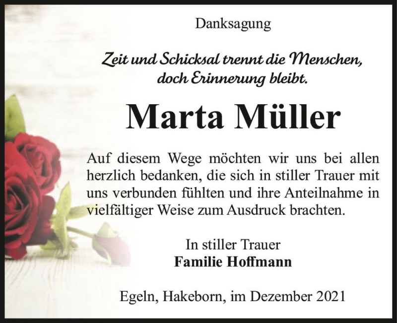  Traueranzeige für Marta Müller  vom 17.12.2021 aus Magdeburger Volksstimme