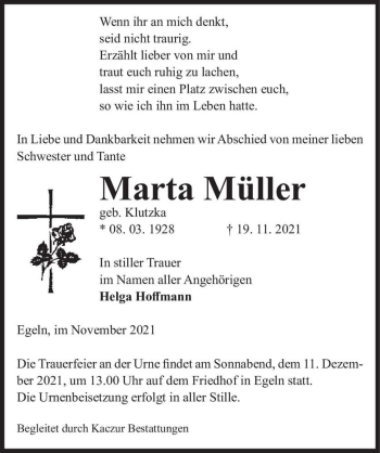 Traueranzeige von Marta Müller (geb. Klutzka)  von Magdeburger Volksstimme