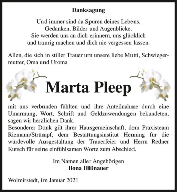 Traueranzeige von Marta Pleep  von Magdeburger Volksstimme