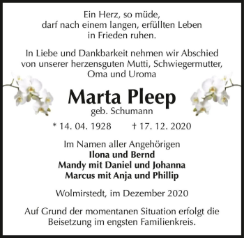 Traueranzeige von Marta Pleep (geb. Schumann)  von Magdeburger Volksstimme
