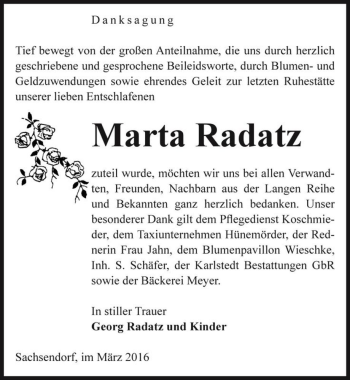 Traueranzeige von Marta Radatz  von Magdeburger Volksstimme
