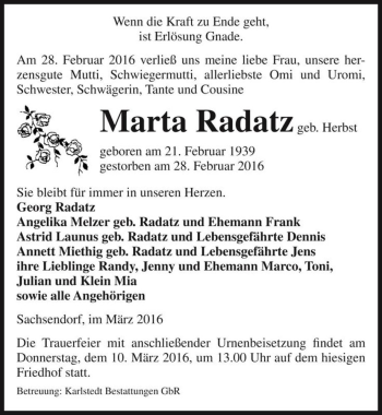 Traueranzeige von Marta Radatz (geb. Herbst)  von Magdeburger Volksstimme