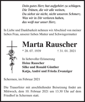 Traueranzeige von Marta Rauscher  von Magdeburger Volksstimme