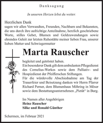 Traueranzeige von Marta Rauscher  von Magdeburger Volksstimme