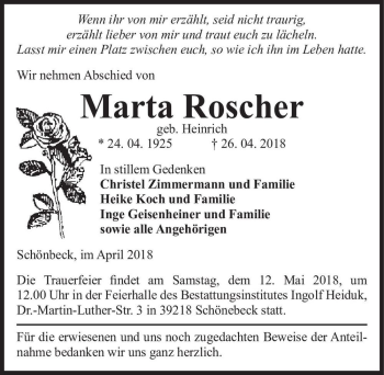 Traueranzeige von Marta Roscher (geb. Heinrich)  von Magdeburger Volksstimme