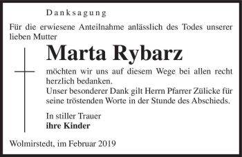 Traueranzeige von Marta Rybarz  von Magdeburger Volksstimme
