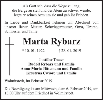 Traueranzeige von Marta Rybarz  von Magdeburger Volksstimme