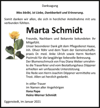 Traueranzeige von Marta Schmidt  von Magdeburger Volksstimme