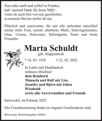 Traueranzeige von Marta Schuldt (geb. Stappenbeck)  von Magdeburger Volksstimme