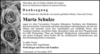 Traueranzeige von Marta Schulze  von Magdeburger Volksstimme