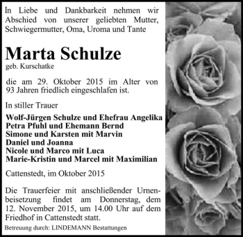 Traueranzeige von Marta Schulze (geb. Kurschatke)  von Magdeburger Volksstimme