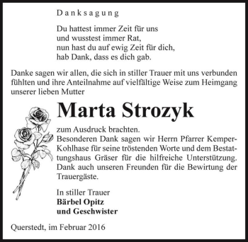 Traueranzeige von Marta Strozyk  von Magdeburger Volksstimme