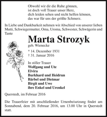 Traueranzeige von Marta Strozyk (geb. Wienecke)  von Magdeburger Volksstimme