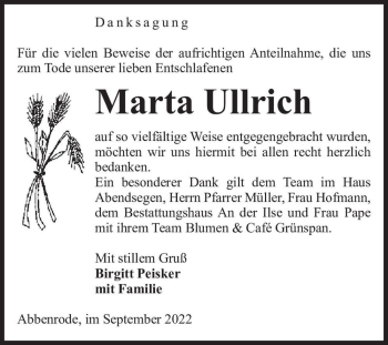 Traueranzeige von Marta Ullrich  von Magdeburger Volksstimme