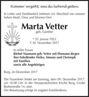 Traueranzeige von Marta Vetter (geb. Günther)  von Magdeburger Volksstimme