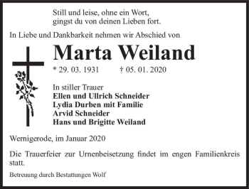 Traueranzeige von Marta Weiland  von Magdeburger Volksstimme
