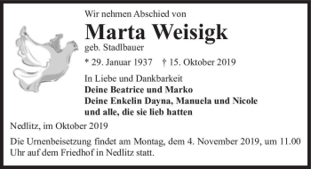 Traueranzeige von Marta Weisigk (geb. Stadlbauer)  von Magdeburger Volksstimme