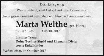 Traueranzeige von Marta Welthe (geb. Nowak)  von Magdeburger Volksstimme