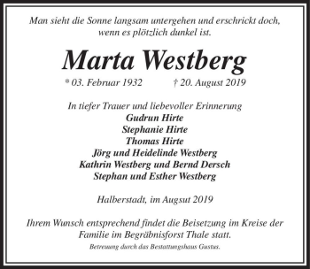 Traueranzeige von Marta Westberg  von Magdeburger Volksstimme