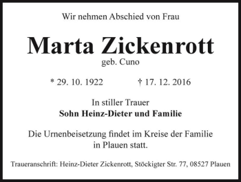 Traueranzeige von Marta Zickenrott (geb. Cuno)  von Magdeburger Volksstimme