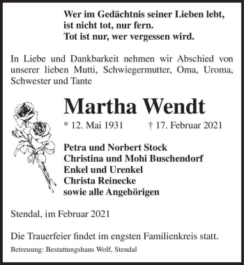 Traueranzeige von Marth Wendt  von Magdeburger Volksstimme