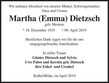 Traueranzeige von Martha (Emma) Dietzsch (geb. Mertens)  von Magdeburger Volksstimme