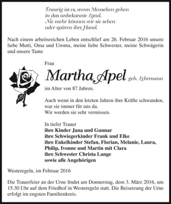 Traueranzeige von Martha Apel (geb. Lehrmann)  von Magdeburger Volksstimme