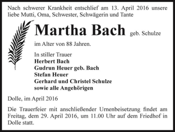 Traueranzeige von Martha Bach (geb. Schulze)  von Magdeburger Volksstimme