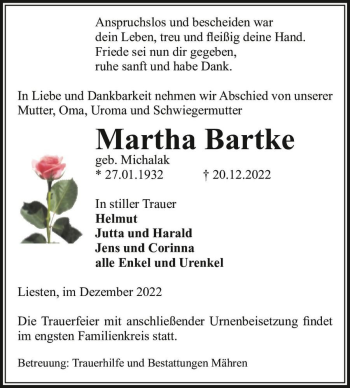 Traueranzeige von Martha Bartke (geb. Michalak)  von Magdeburger Volksstimme