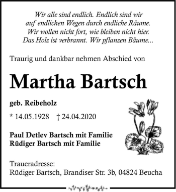 Traueranzeige von Martha Bartsch (geb. Reibeholz)  von Magdeburger Volksstimme